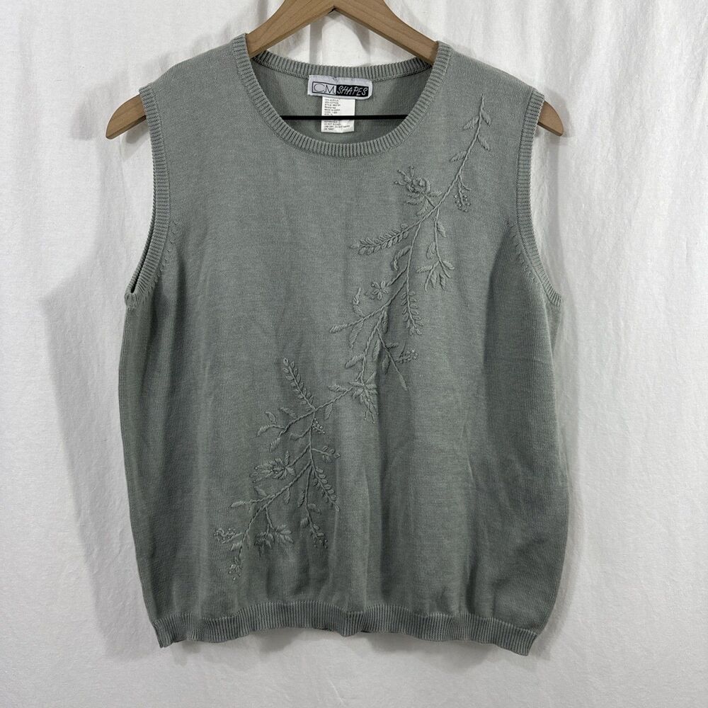 C.M. Shapes Cotton Blend Sleeveless Embroidered Mint Sage Sweater Vest Womens XL